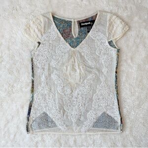 Desigual Woman Cream Lace Embroidered V-Neck Blouse MEDIUM Prairie Boho Y2K 90s